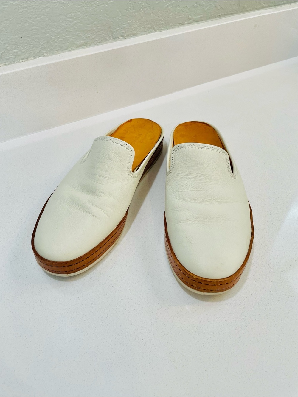 Vince White Leather Slip-On Mules with Brown Stacked Sole